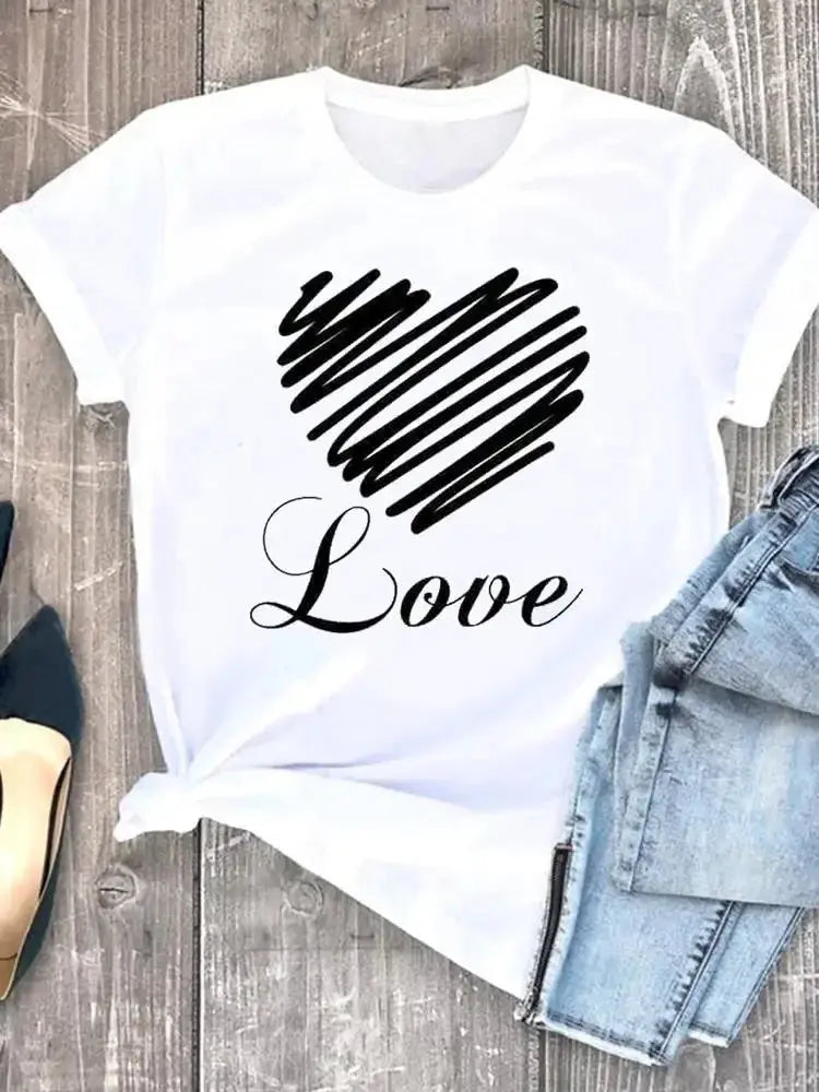 Summer leopard love heart t shirts sweet Fashion Women Tee T-shirts Casual Short Sleeve Regular Female Graphic T Shirt Clothes - Suncollections