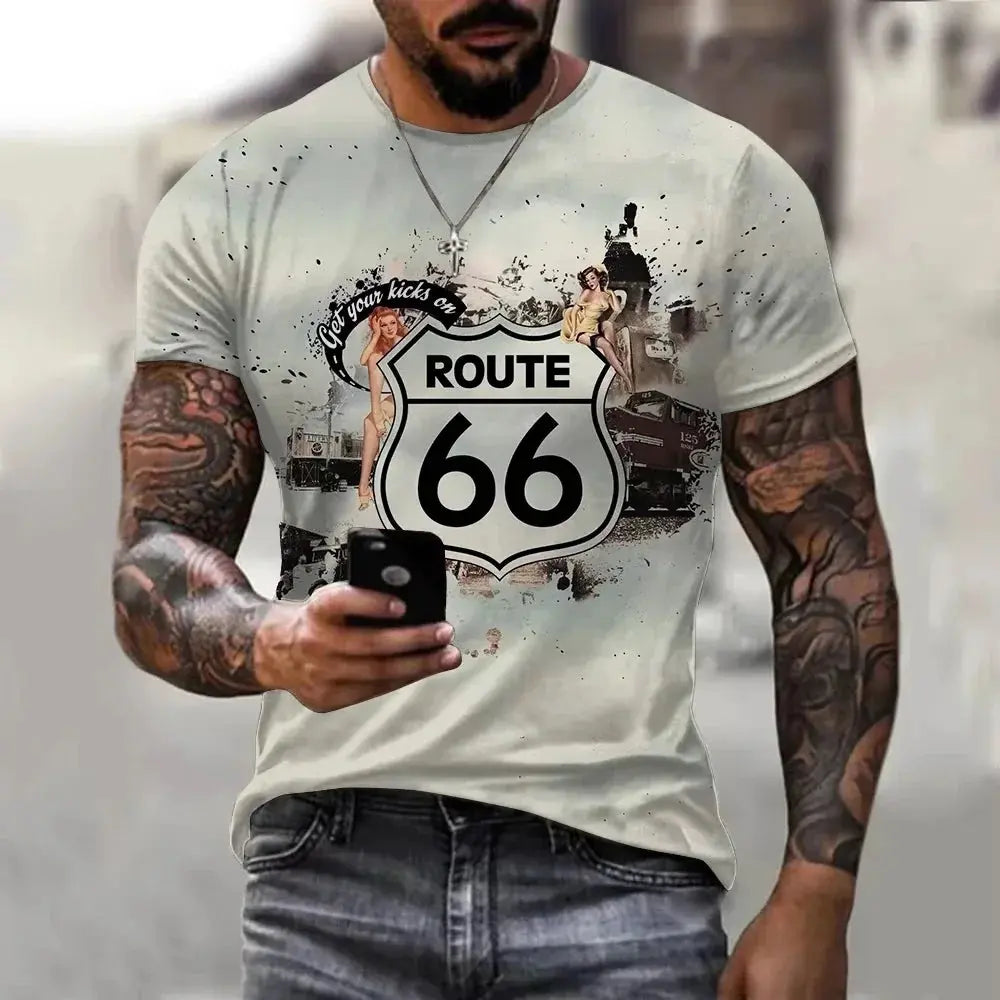 Newest Summer Mens Clothes Man 3d Printed Fashion Retro Short Sleeve Top Route 66 T Shirt Men Streetwear Short Sleeve T Shirt - Suncollections