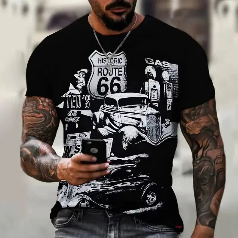 Newest Summer Mens Clothes Man 3d Printed Fashion Retro Short Sleeve Top Route 66 T Shirt Men Streetwear Short Sleeve T Shirt - Suncollections