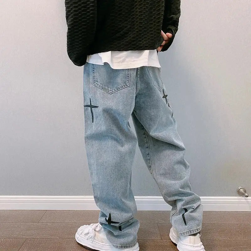 Prints Jeans Men 2023 New Streetwear Baggy Wide Leg Jeans Korean Fashion Drapes Straight Casual Loose Denim Cargo Pants Suncollections