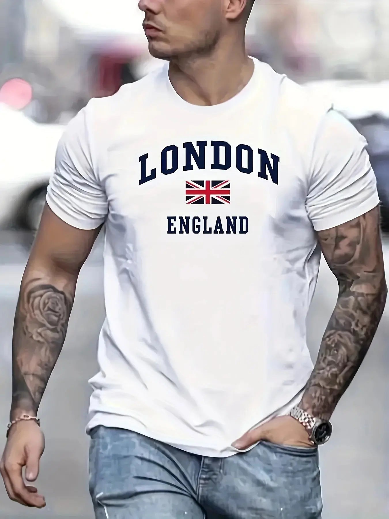 Summer men's 100% pure cotton casual loose fit plus size London England pattern printed round neck short sleeved T-shirt top - Suncollections