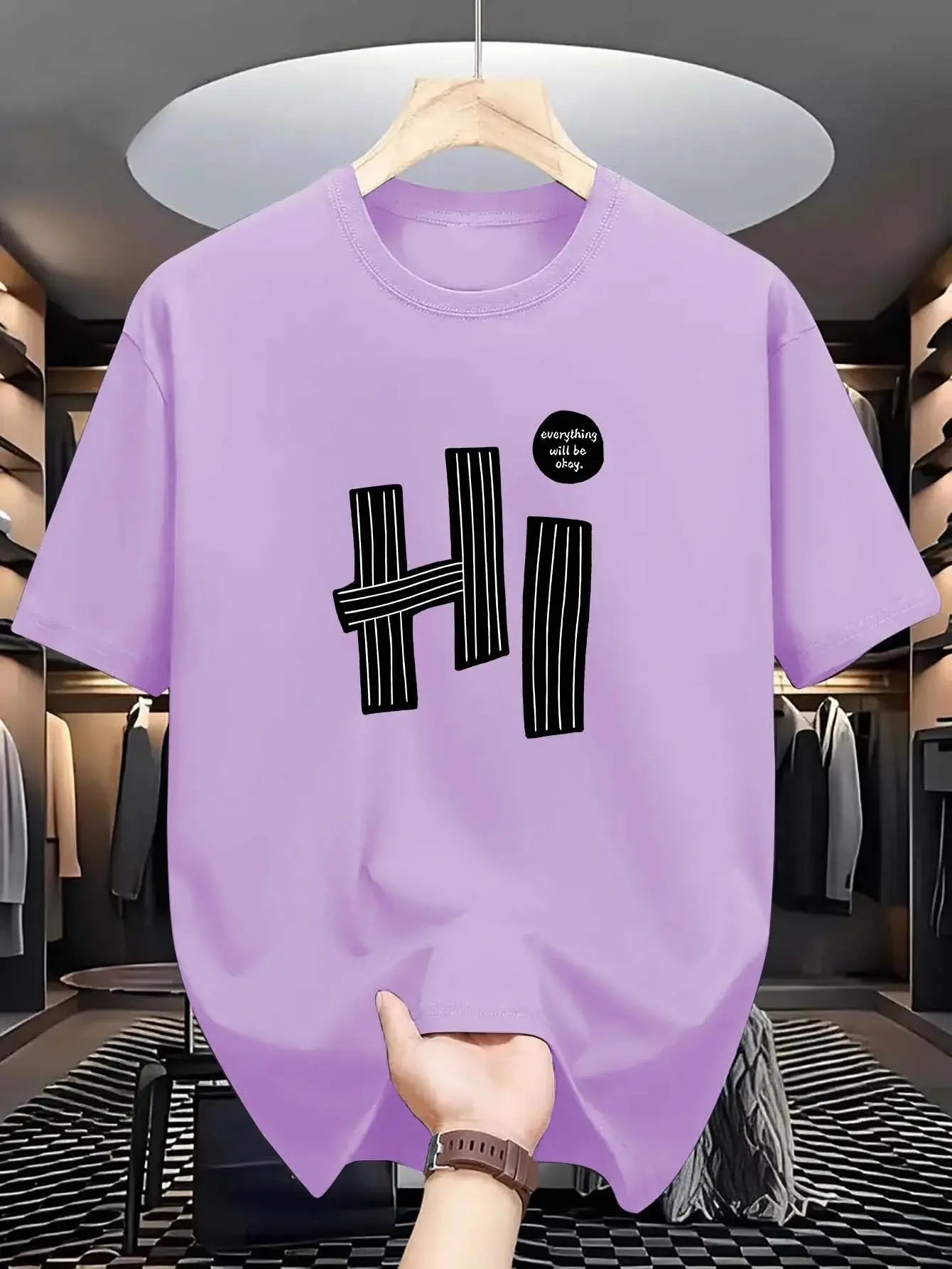 Hi pattern men's T-shirt casual and comfortable summer short sleeve round neck top T-shirt, fashionable machine washable - Suncollections