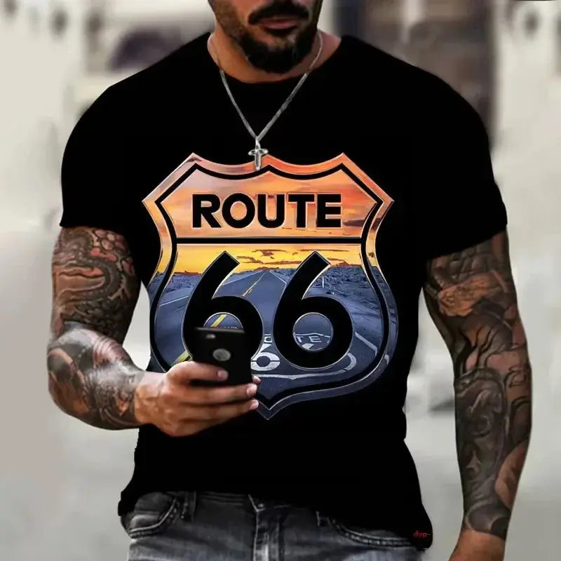 Newest Summer Mens Clothes Man 3d Printed Fashion Retro Short Sleeve Top Route 66 T Shirt Men Streetwear Short Sleeve T Shirt - Suncollections