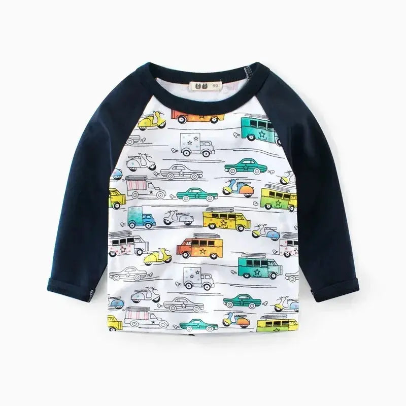 2025 Autumn T Shirt Cartoon Car T-shirt Boys Girls Baby Kids Clothes Cotton Long Sleeve Top for Boy Children's Clothing 2-9 Year - Suncollections