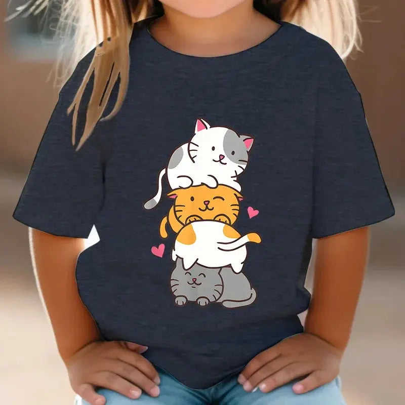 Cute Cat Graphic Kids Tshirts Kawaii T-Shirt Kids Summer Short Sleeve Tees Cartoon Animal Boys Girls Kawaii Kitten Tops Tshirt - Suncollections
