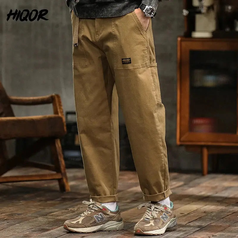 HIQOR Mens Clothing Spring Autumn Cargo Pants Man Cotton Casual Loose Trouser Belt Mid Waist Joggers Male Straight Baggy Pants Suncollections