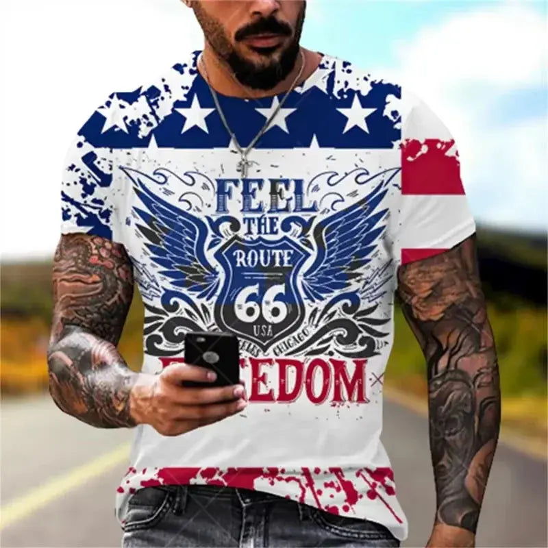 Newest Summer Mens Clothes Man 3d Printed Fashion Retro Short Sleeve Top Route 66 T Shirt Men Streetwear Short Sleeve T Shirt - Suncollections