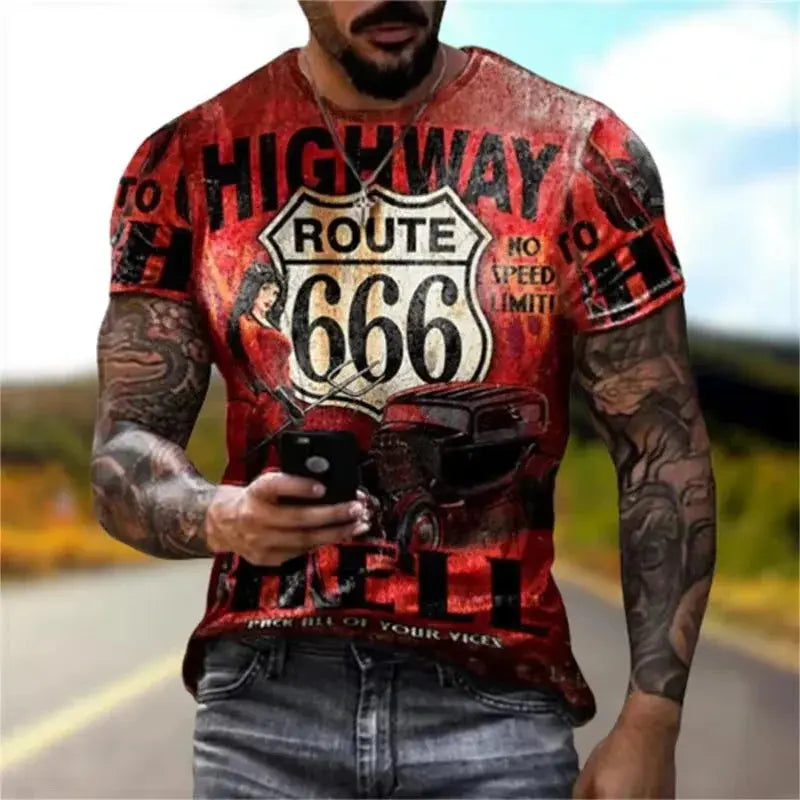 Newest Summer Mens Clothes Man 3d Printed Fashion Retro Short Sleeve Top Route 66 T Shirt Men Streetwear Short Sleeve T Shirt - Suncollections