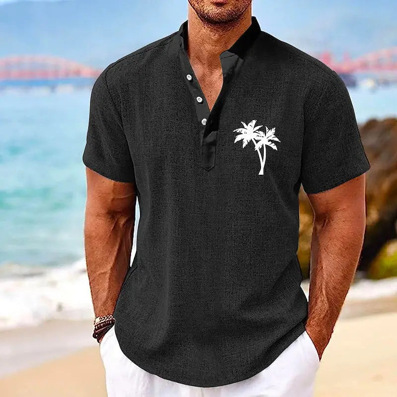 Coconut Tree Plaid 3D Print Henley Shirts Men's Casual Oversized Button Stand Collar Short Sleeve T Shirt Tees Tops Man Clothing - Suncollections