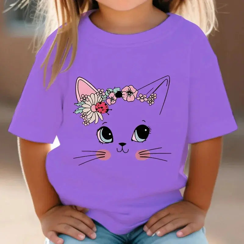 Summer Kids T Shirt Flower Cat Graphic Shirt Girls Floral Kitty Tops White Short - Suncollections
