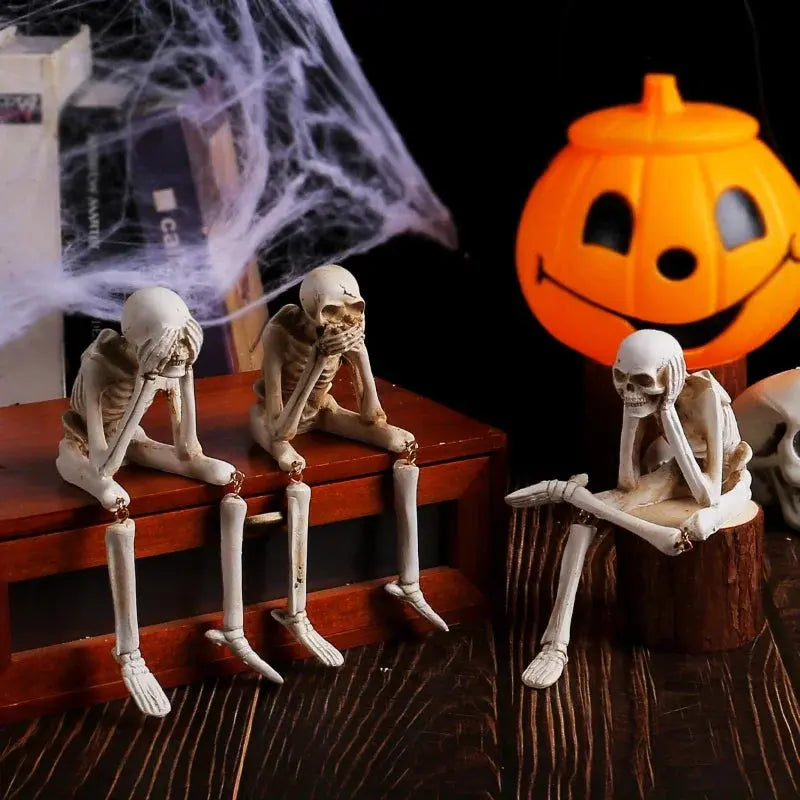 Halloween Statues Resin See Speak Hear No Evil Skeleton Figurines Resin Realistic Skull Decor for Bookshelf Table Edge Ornament Suncollections