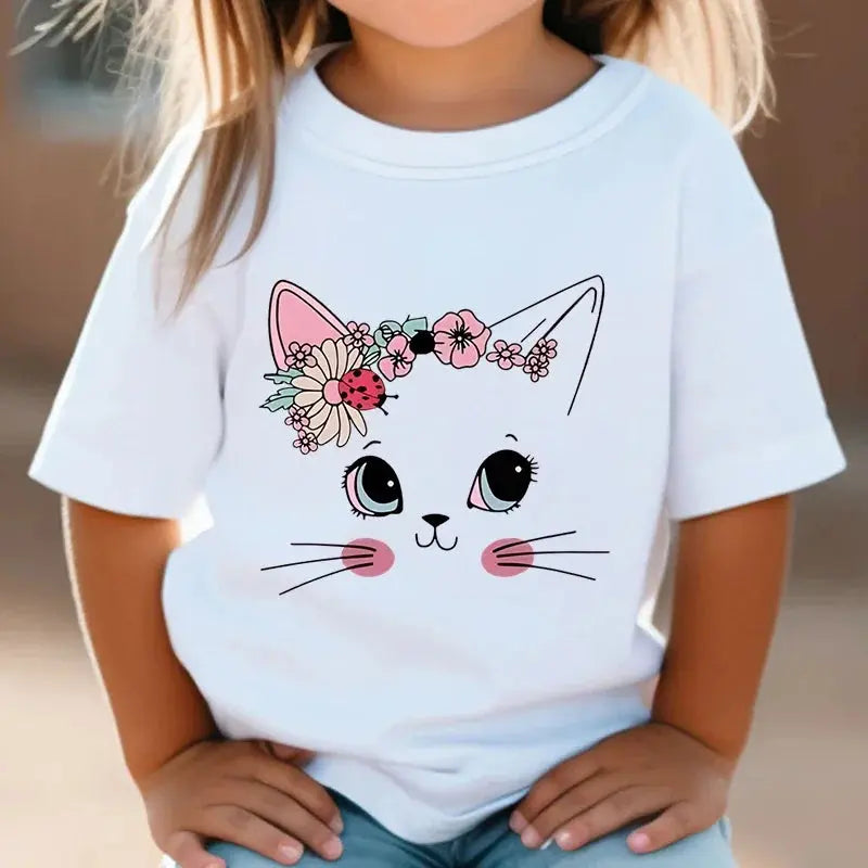 Summer Kids T Shirt Flower Cat Graphic Shirt Girls Floral Kitty Tops White Short - Suncollections