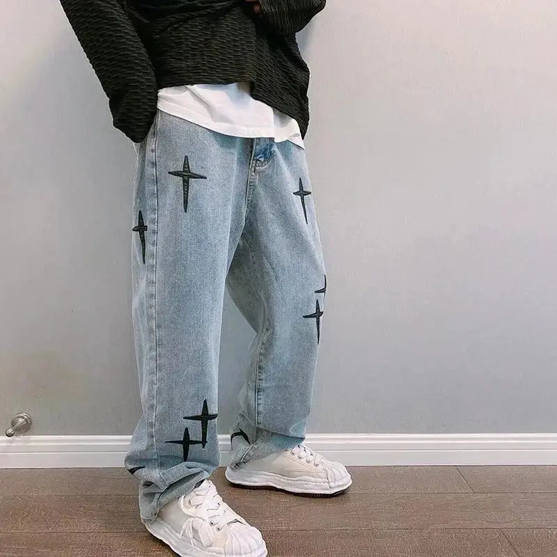 Prints Jeans Men 2023 New Streetwear Baggy Wide Leg Jeans Korean Fashion Drapes Straight Casual Loose Denim Cargo Pants Suncollections