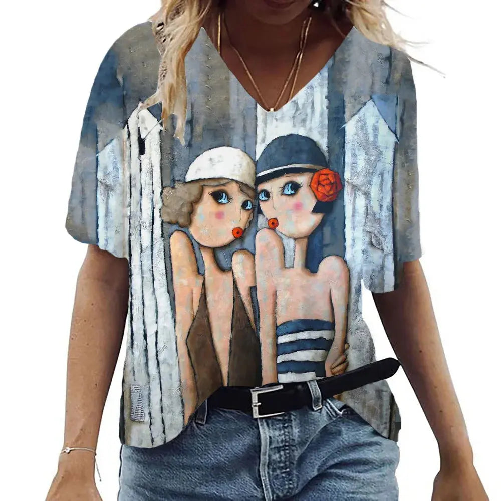Women's Summer T-Shirt V Neck Short Sleeve Top Abstract Portrait Painted T-Shirt Women's Loose Casual T-Shirt Street Style - Suncollections