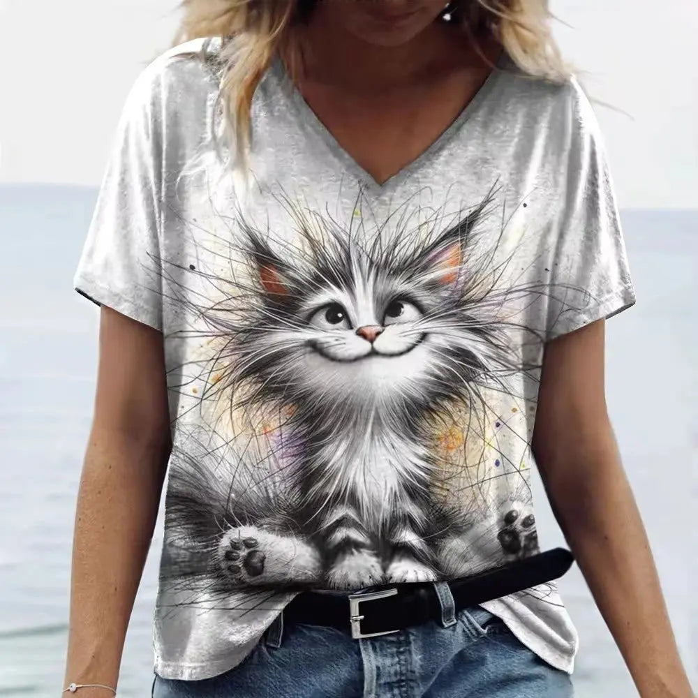 Women's T Shirt Cute Cat 3D Printed T-Shirt Summer Casual Short Sleeve V-Neck Top Fashion Streetwear Female Oversized Clothing - Suncollections