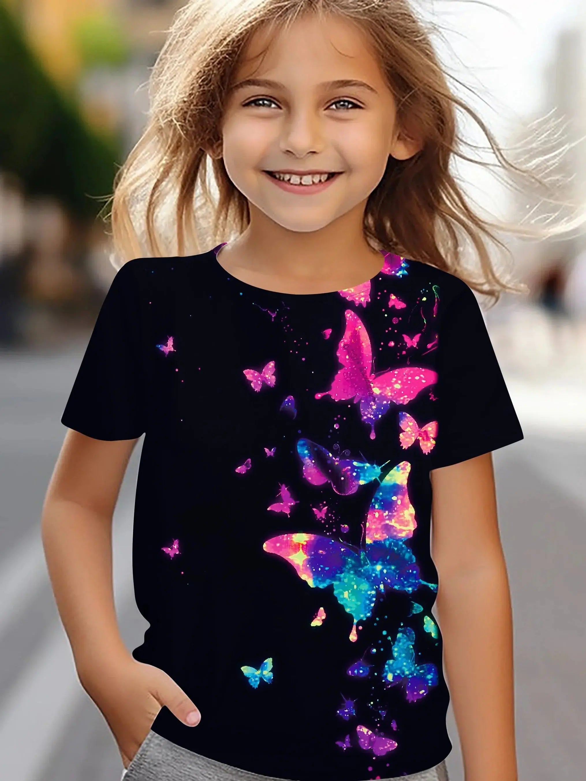 Children's Clothing Girl Clothes Short Sleeve Girl T-Shirt Prety Butterfly Print Kawaii Round Neck Girl Top Kids Summer Clothes - Suncollections