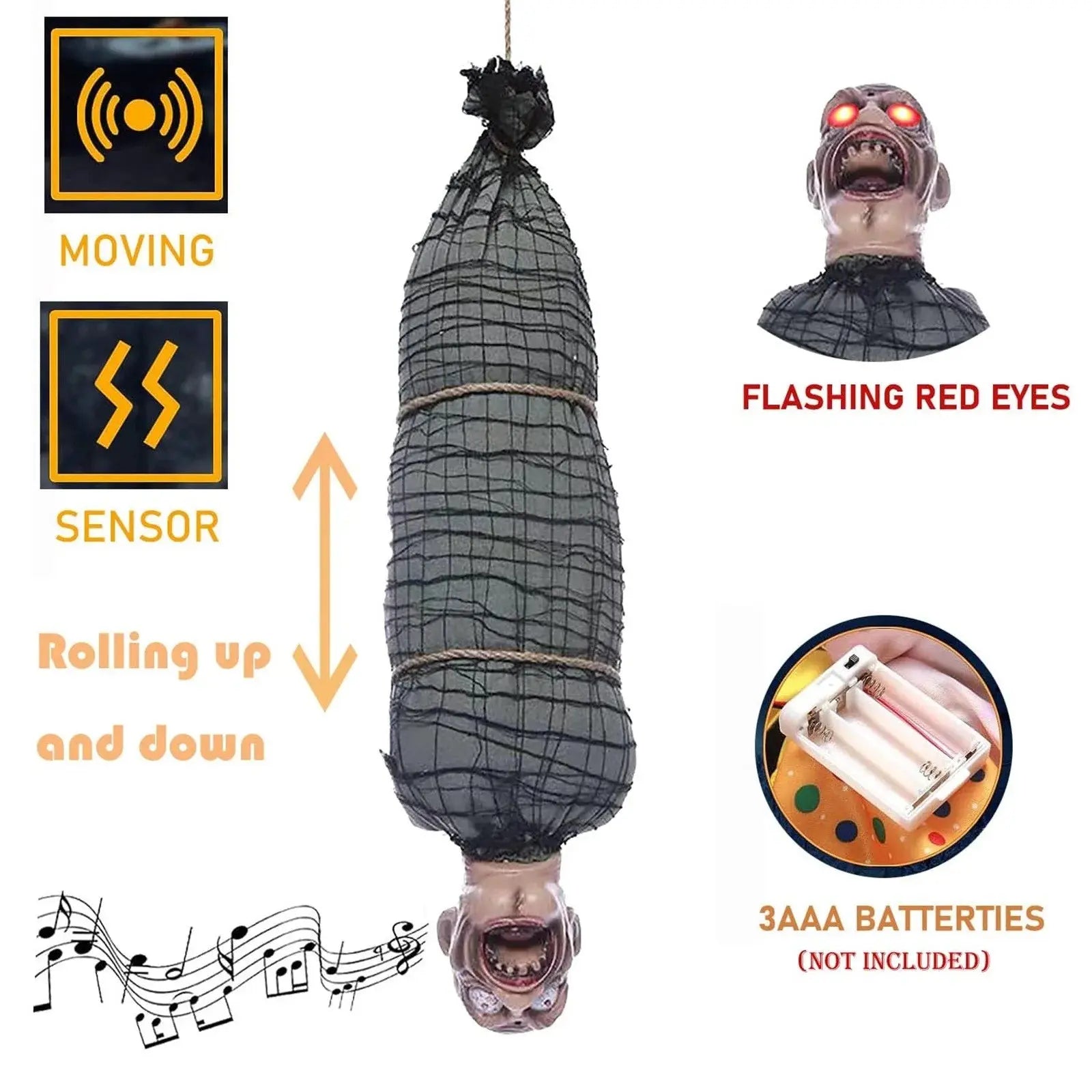 2.46 Ft Halloween Hanging Animated Corpse With LED Light Up Eyes Talking & Shaking Scary Ghost Sound Effect For Halloween Decor Suncollections