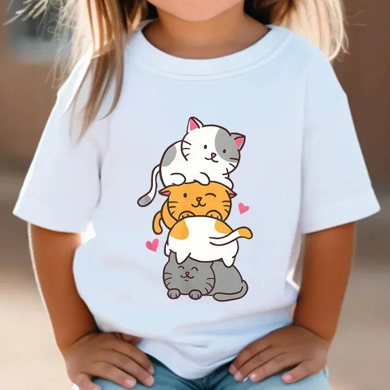 Cute Cat Graphic Kids Tshirts Kawaii T-Shirt Kids Summer Short Sleeve Tees Cartoon Animal Boys Girls Kawaii Kitten Tops Tshirt - Suncollections