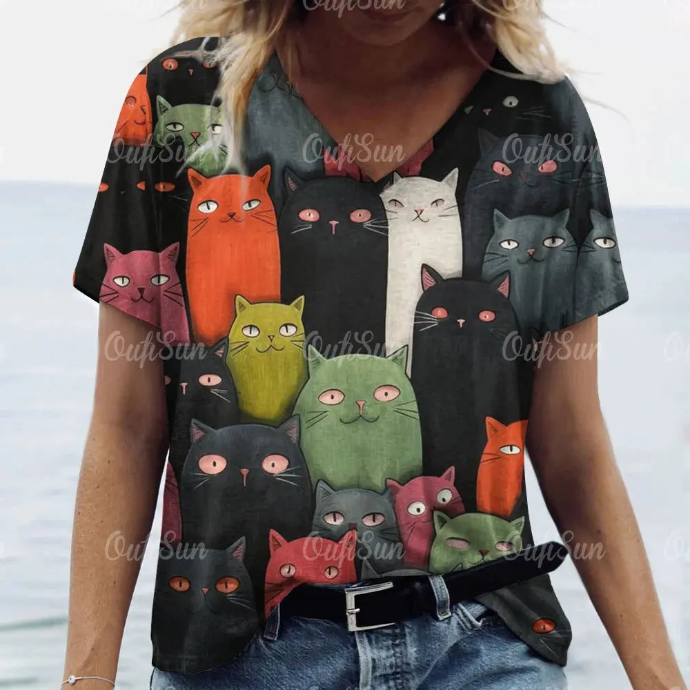 Summer Women's T Shirt Cat Print Casual Short Sleeve 3d T-Shirts Fashion Streetwear Crew Neck Pullover Female Oversized Clothing - Suncollections