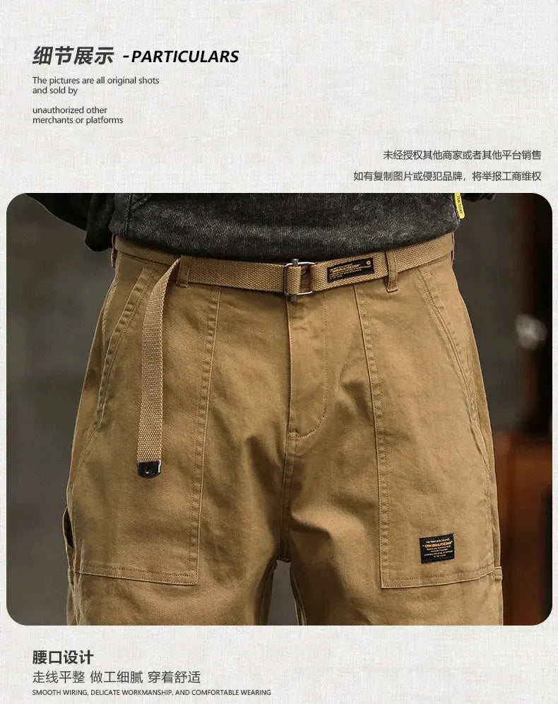 HIQOR Mens Clothing Spring Autumn Cargo Pants Man Cotton Casual Loose Trouser Belt Mid Waist Joggers Male Straight Baggy Pants Suncollections