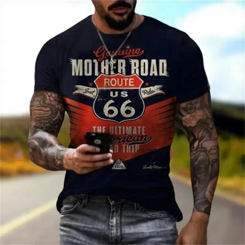 Newest Summer Mens Clothes Man 3d Printed Fashion Retro Short Sleeve Top Route 66 T Shirt Men Streetwear Short Sleeve T Shirt - Suncollections