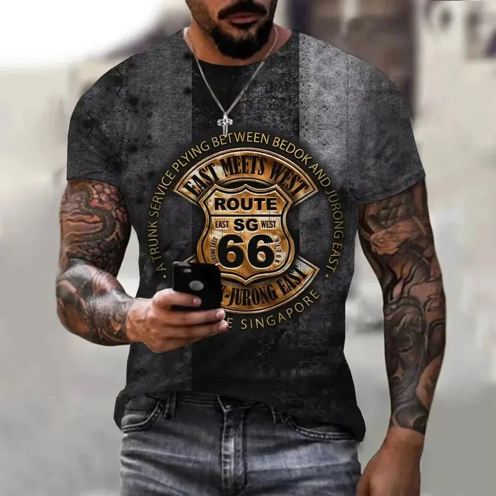 Newest Summer Mens Clothes Man 3d Printed Fashion Retro Short Sleeve Top Route 66 T Shirt Men Streetwear Short Sleeve T Shirt - Suncollections