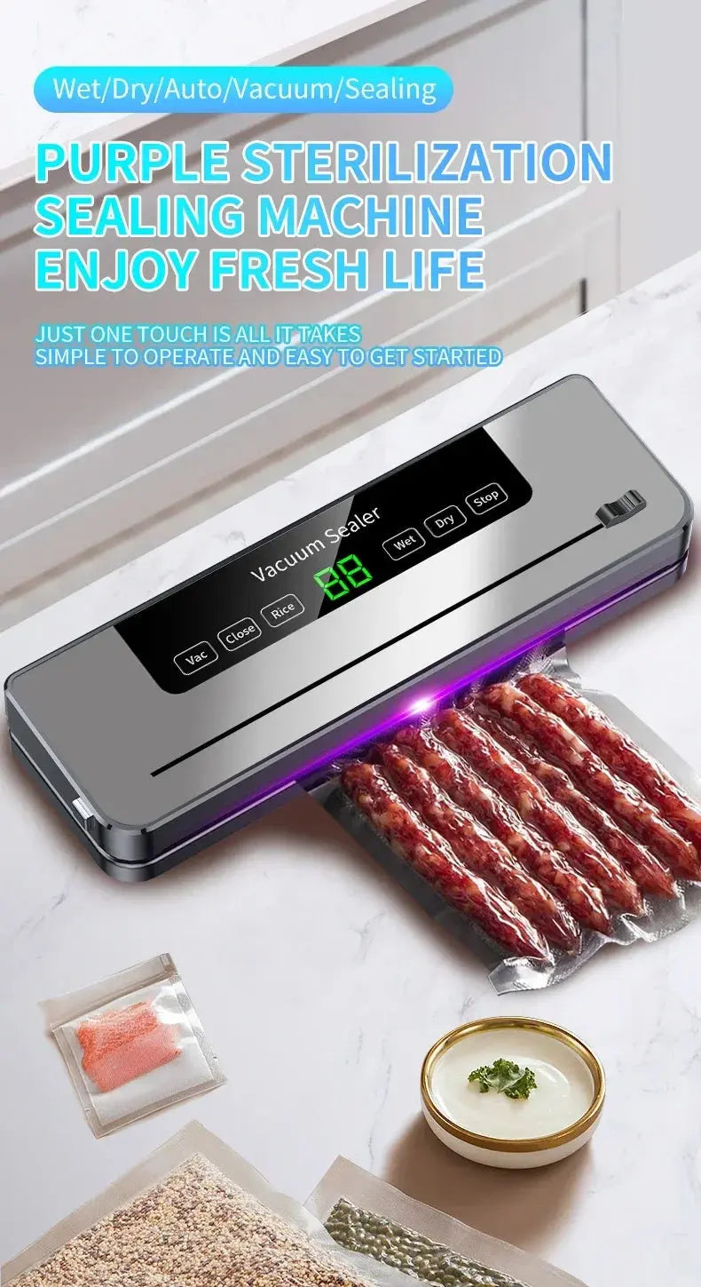 Electric Vacuum Sealer Built-in Cutter Kitchen Food Storage Seal Touch Button Dry/Wet Food Sealing Packaging Strips 10 Bags Suncollections