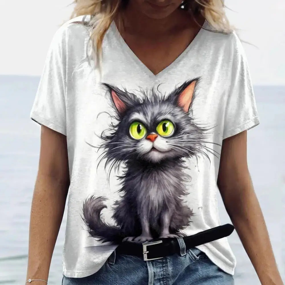 Summer Women's T Shirt Cat Print Casual Short Sleeve 3d T-Shirts Fashion Streetwear Crew Neck Pullover Female Oversized Clothing - Suncollections