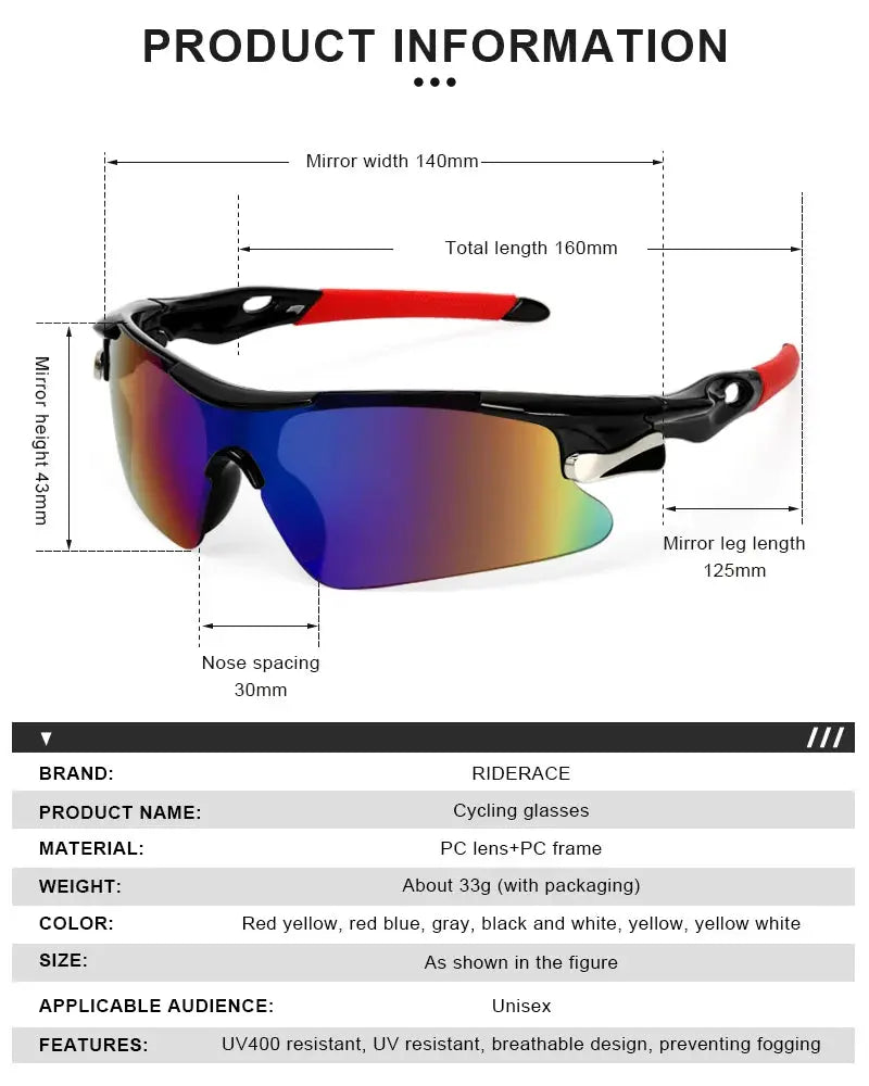 RIDERACE Sports Men Sunglasses Road Bicycle Glasses Mountain Cycling Riding Protection Goggles Eyewear Mtb Bike Sun Glasses - Suncollections