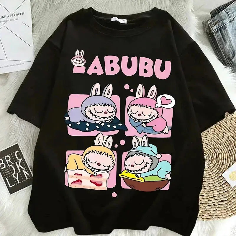 Pop Mart Labubu T-shirts for Women Anime Fashion Short Sleeved Top Summer Hip Hop Black White T-shirt High Quality Clothes - Suncollections