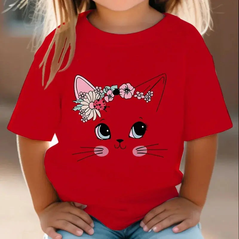 Summer Kids T Shirt Flower Cat Graphic Shirt Girls Floral Kitty Tops White Short - Suncollections