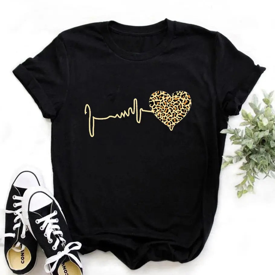 Summer New 90 's Leopard Heartbeat Short Sleeve Print Clothing Women's T-Shirt Harajuku Graphic Clothing Women's Top,Drop Ship - Suncollections
