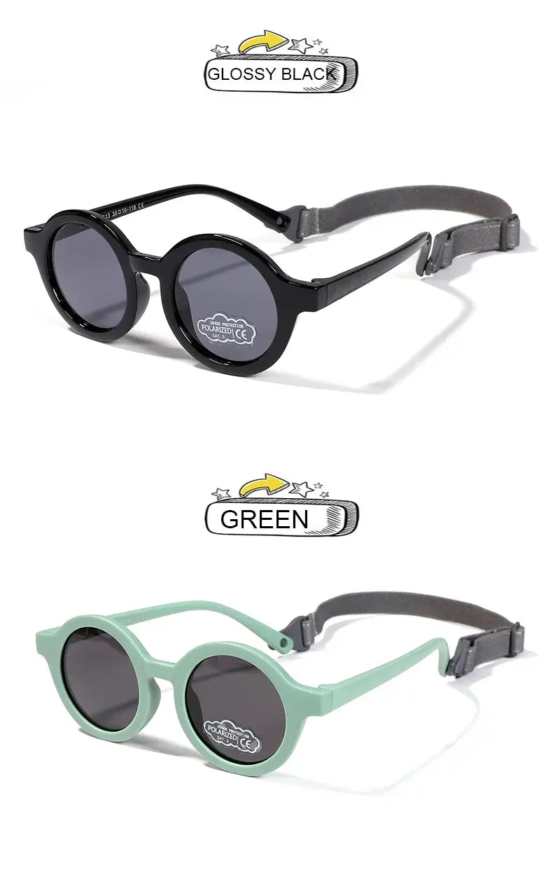 Baby Polarized Round Sunglasses Flexible Rubber Shades with Strap for Toddler Newborn Infant Ages 0-36 Months - Suncollections