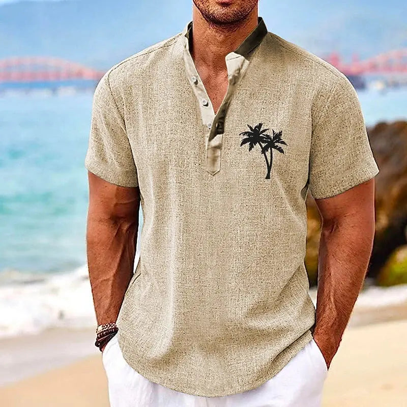 Coconut Tree Plaid 3D Print Henley Shirts Men's Casual Oversized Button Stand Collar Short Sleeve T Shirt Tees Tops Man Clothing - Suncollections