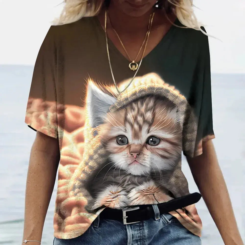 Fashion Women's T-shirt Cat Printed Short Sleeve Female Harajuku Tees Ladies T Shirt Oversized V-neck Tops Animal Women Clothing - Suncollections