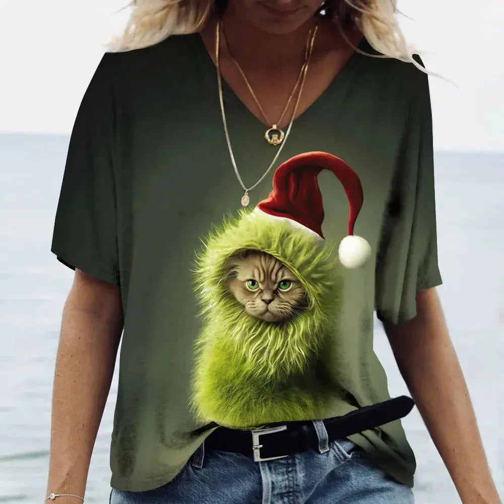 Fashion Women's T-shirt Cat Printed Short Sleeve Female Harajuku Tees Ladies T Shirt Oversized V-neck Tops Animal Women Clothing - Suncollections