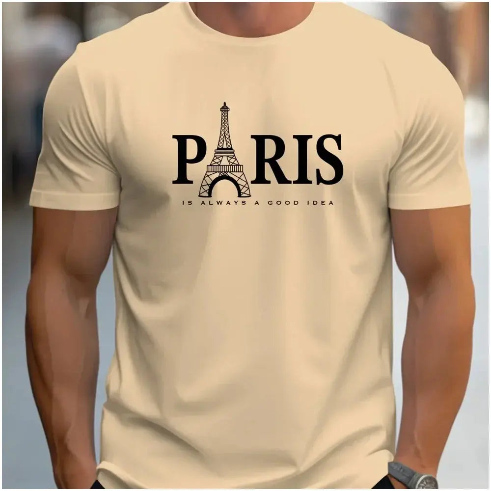 Casual Paris Pattern Men's T-Shirt Short-Sleeved Tops New Summer Clothing Harajuku Letters Printed Loose Large Size O-Neck Tees - Suncollections