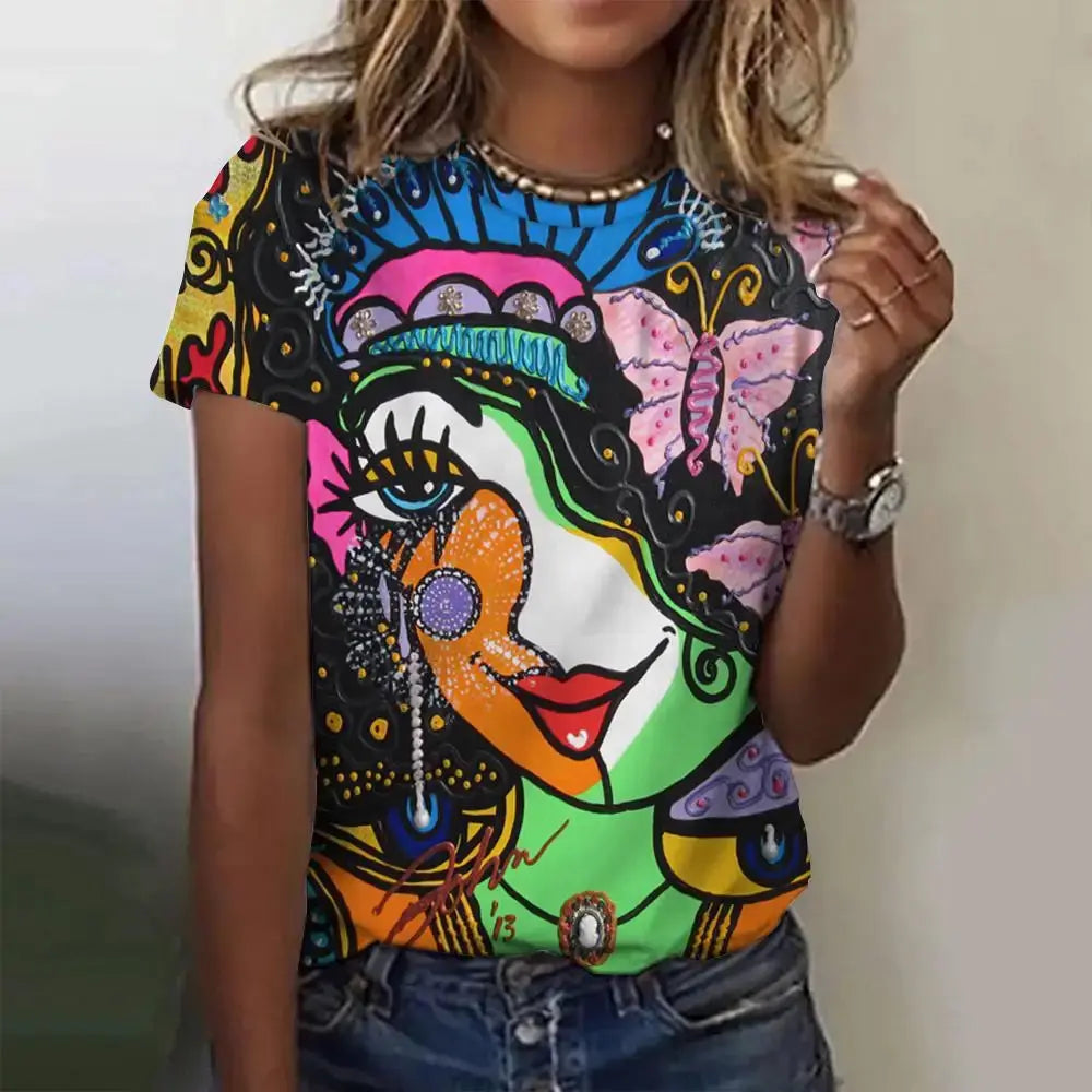 Summer Women's T-Shirts Girls Cute Print Short Sleeve Harajuku Fashion O-Neck Shirts Ladies Colorful Beautiful Shirt Tees - Suncollections