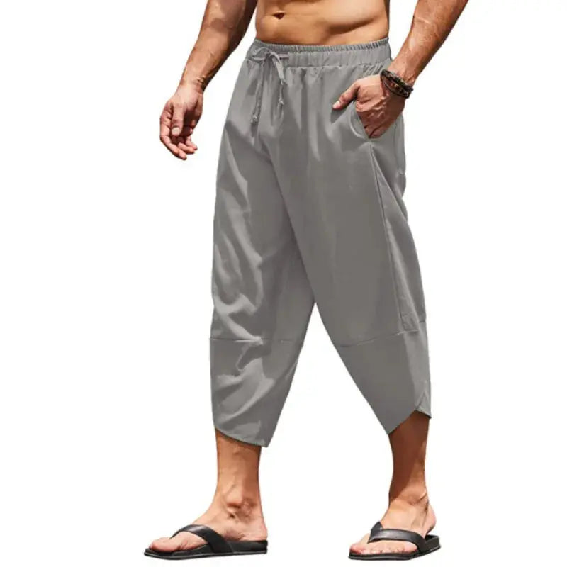 Men Summer Solid Color Capri Pants Harem Shorts Men Elastic Waist Drawstring 3/4 Length Cropped Trousers Baggy Sweatpants Suncollections