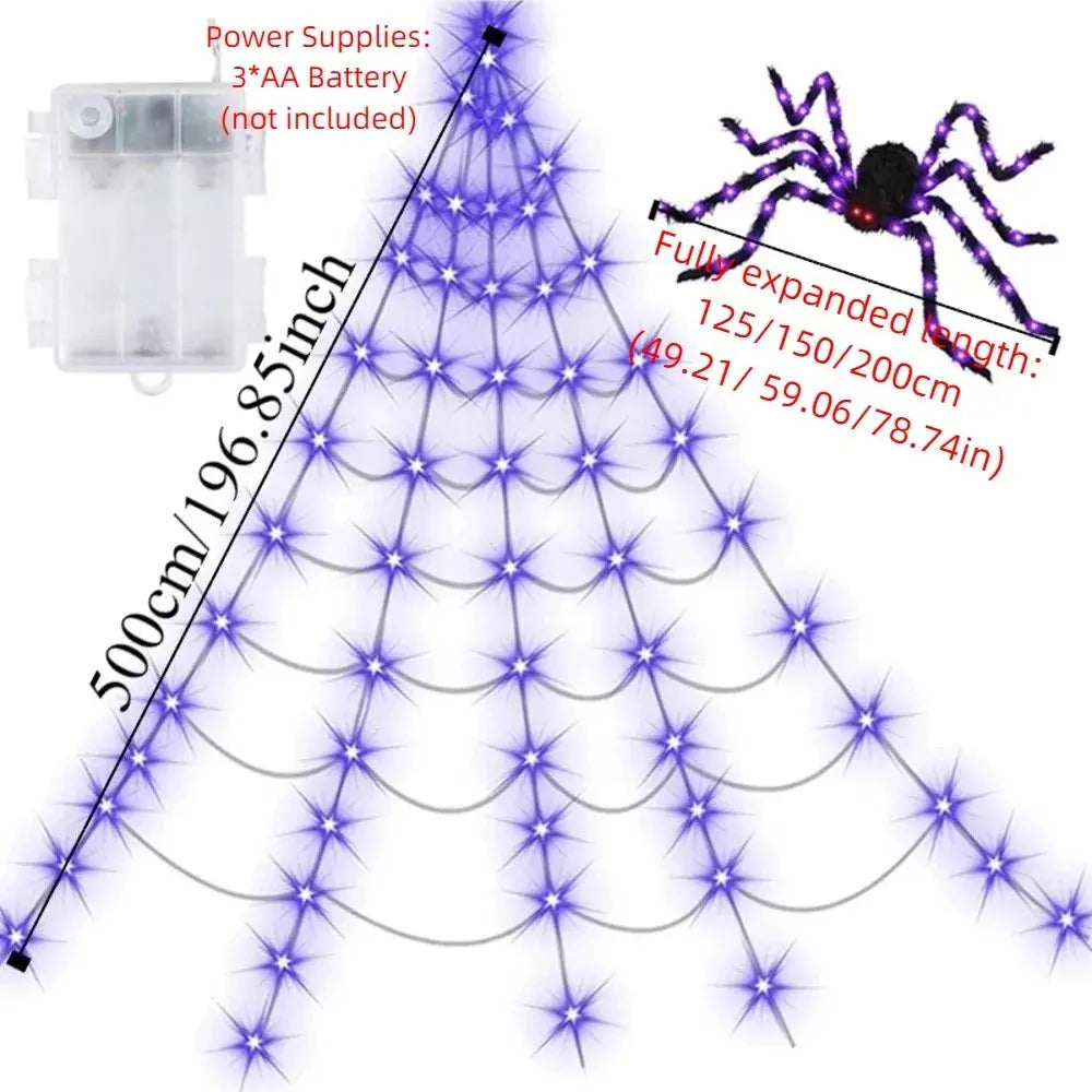 Practical 8 Modes Halloween Spider Web Lights Glow 250 LEDs LED Spider Net Hanging 5m Scary Giant Spider Haunted House Suncollections
