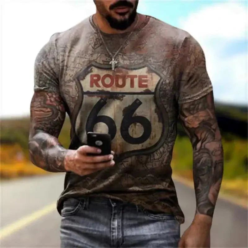 Newest Summer Mens Clothes Man 3d Printed Fashion Retro Short Sleeve Top Route 66 T Shirt Men Streetwear Short Sleeve T Shirt - Suncollections