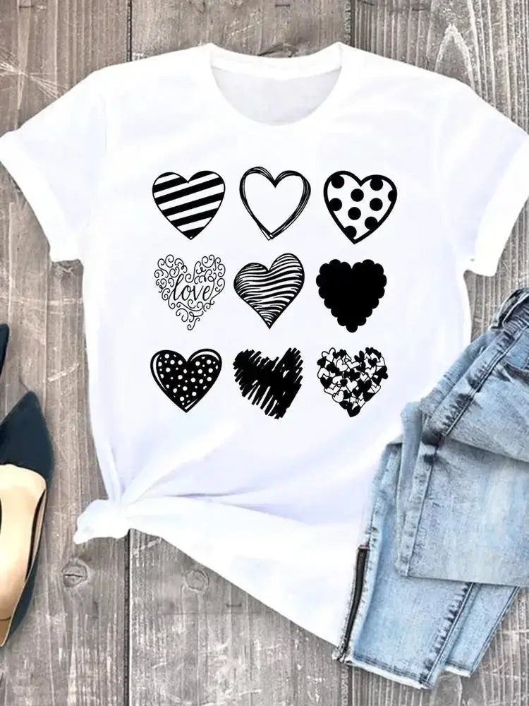 Summer leopard love heart t shirts sweet Fashion Women Tee T-shirts Casual Short Sleeve Regular Female Graphic T Shirt Clothes - Suncollections