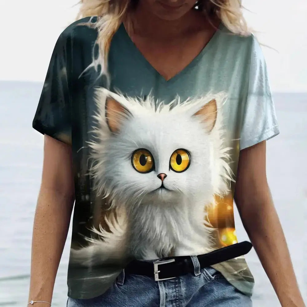 Summer Women's T Shirt Cat Print Casual Short Sleeve 3d T-Shirts Fashion Streetwear Crew Neck Pullover Female Oversized Clothing - Suncollections