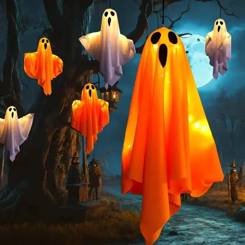 Halloween Glowing White Ghost LED Hanging Ghosts Horror Props with Fairy Light Indoor Outdoor Haunted House Halloween Decoration Suncollections