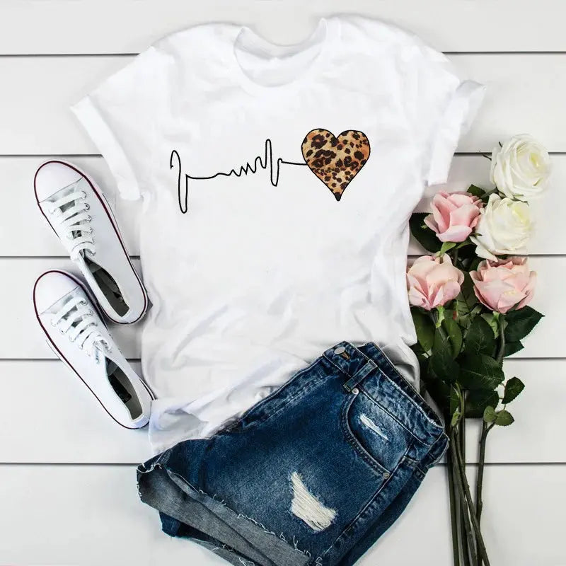 Summer New 90 's Leopard Heartbeat Short Sleeve Print Clothing Women's T-Shirt Harajuku Graphic Clothing Women's Top,Drop Ship - Suncollections