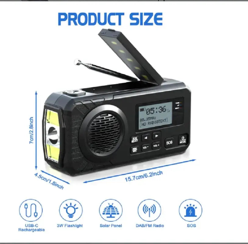 DAB+ Portable Hand Crank Radio Emergency Radio Solar Emergency Radio with BT FM SOS Alarm 5000 mAh Power Bank and Reading Lamp - Suncollections