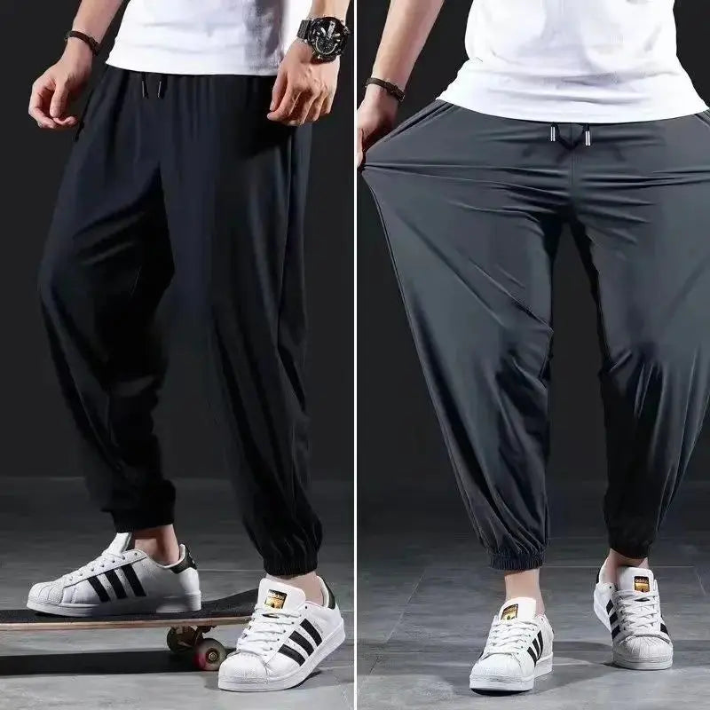 Summer Quick-drying Ice Silk Casual Pants Men's Ultra-thin Elastic Nine-point Pants Loose Drape Solid  Beam Feet Pants 7XL Suncollections