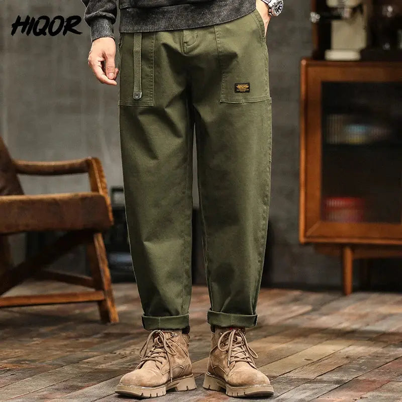 HIQOR Mens Clothing Spring Autumn Cargo Pants Man Cotton Casual Loose Trouser Belt Mid Waist Joggers Male Straight Baggy Pants Suncollections