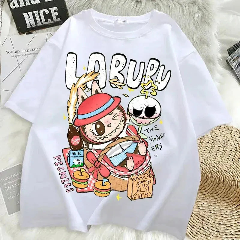 Pop Mart Labubu T-shirts for Women Anime Fashion Short Sleeved Top Summer Hip Hop Black White T-shirt High Quality Clothes - Suncollections