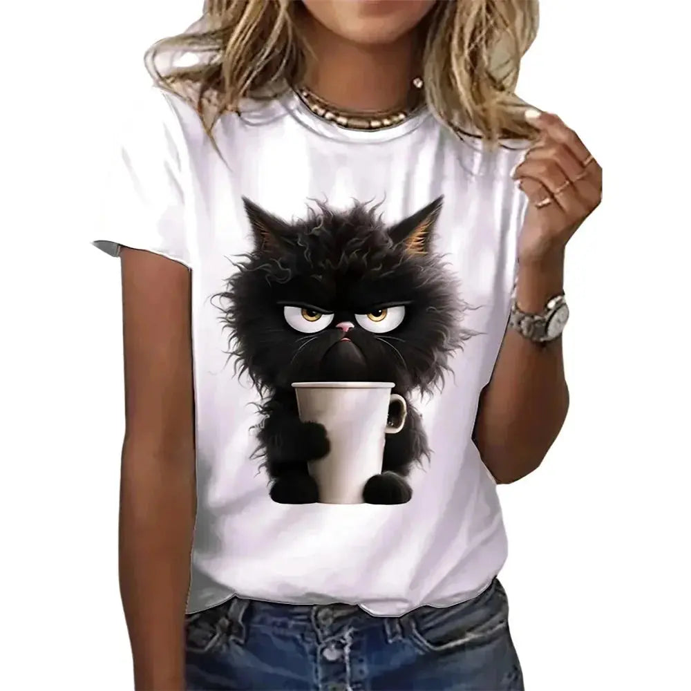 Funny Cat Women Summer White Print T-shirt Girl Casual Short Sleeve O Neck Top For Summer Female Animal Clothing - Suncollections